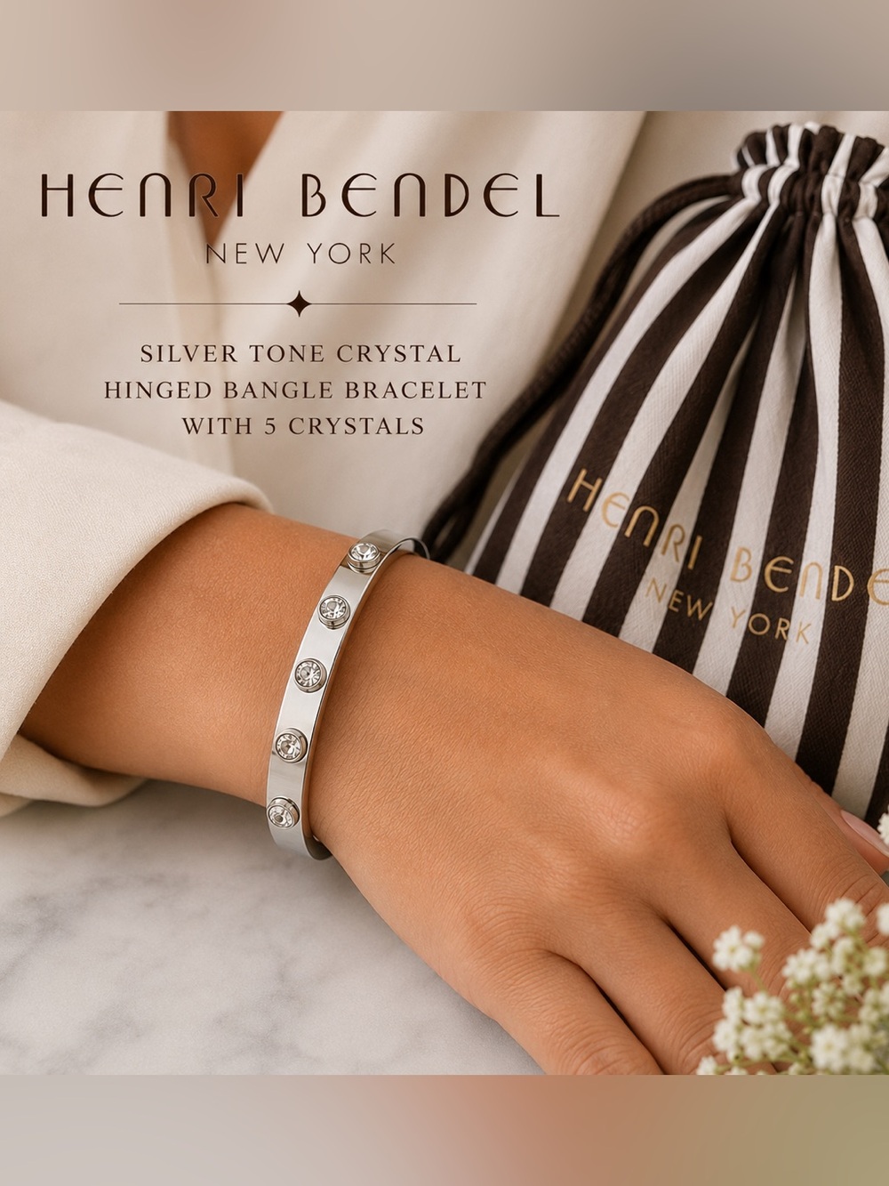 Henri Bendel Silver Tone Crystal Stud Hinged Bangle Bracelet + Dust Bag 🤎🤍